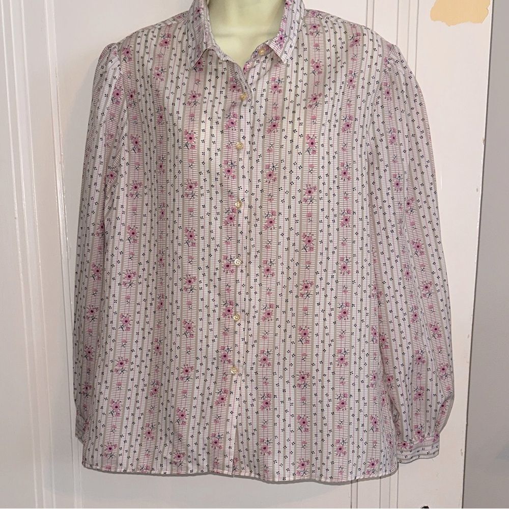 Vtg 70s Haberdashery by Personal Floral Pink & Tan Long Sleeve Polyester Shirt